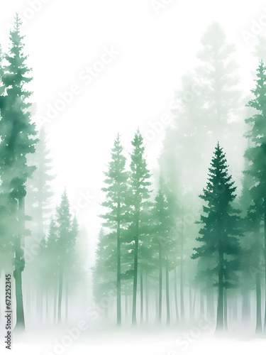 Wallpaper Mural Green Mountains with forest trees in fog. Hand drawn watercolor misty lake and woods landscape. Green watercolor landscape with lake and pine trees. Torontodigital.ca