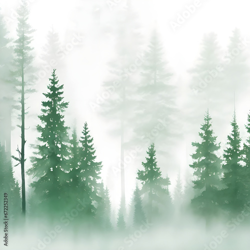Green Mountains with forest trees in fog. Hand drawn watercolor misty lake and woods landscape. Green watercolor landscape with lake and pine trees.