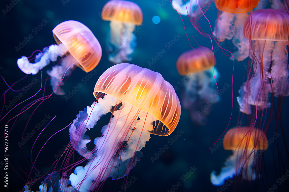 Fototapeta premium jelly fish in the water, Portrait of jellyfish macro Light, swimming colorful in blue sea ocean depth.