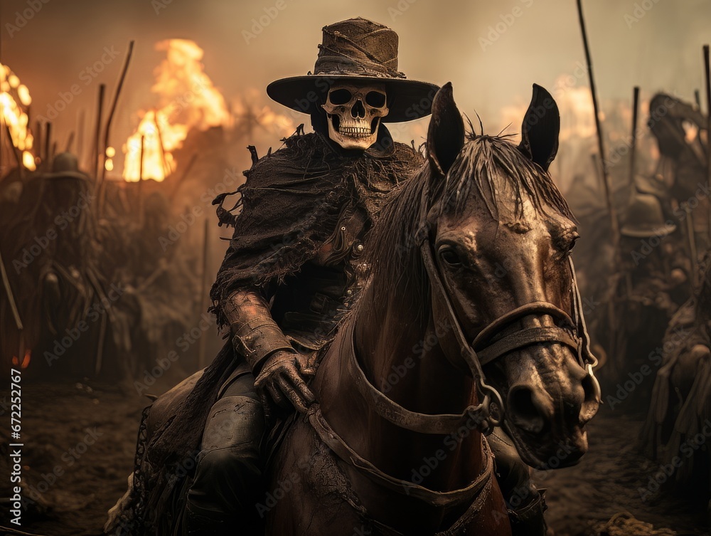 Fototapeta premium Black horseman skull of apocalypse riding black horse AI