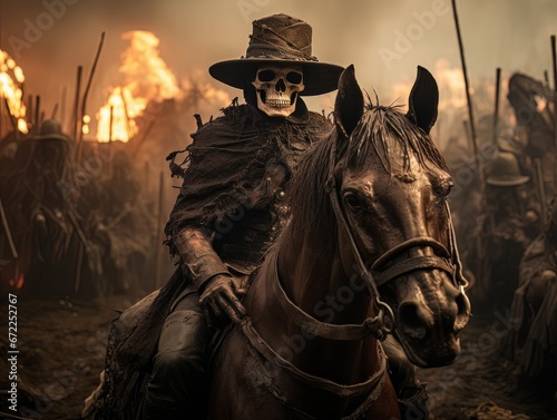Black horseman skull of apocalypse riding black horse AI