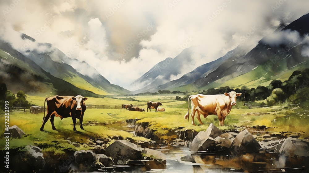 Cows on mountainous terrain watercolor painting