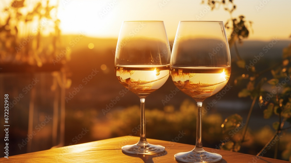 Two glasses of wine on a wooden table Two glasses of wine on a wooden table