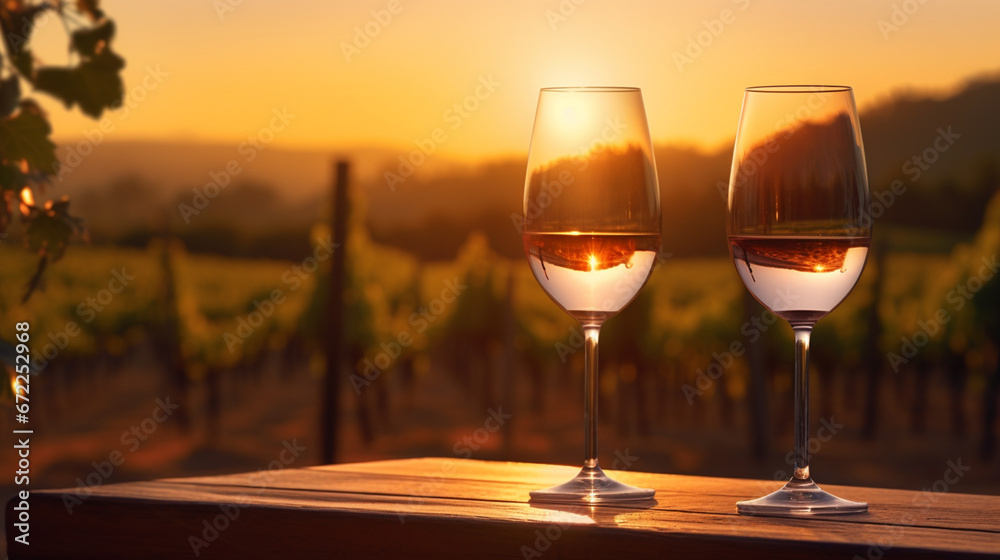 Two glasses of wine on a wooden table