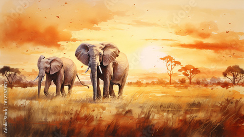 Two elephants in the savanna watercolor painting
