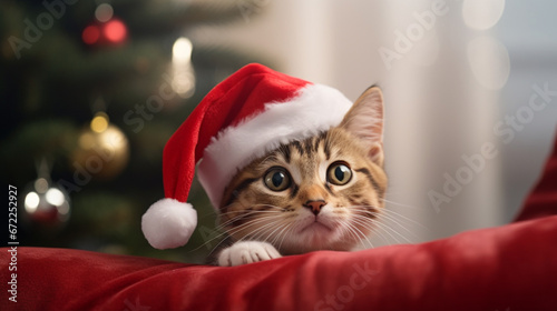 A cat with Santa's hat