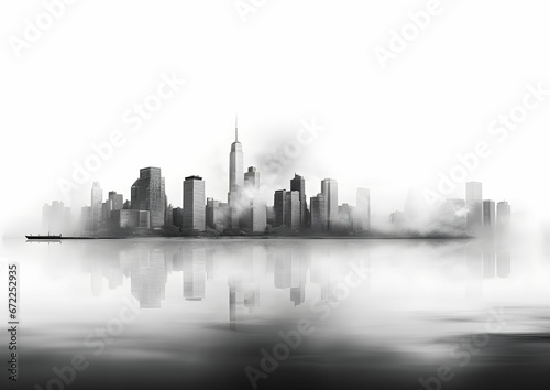 AI generated illustration of a painting of a city with a reflection of the buildings in a pond