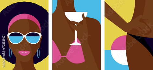 Black woman with sunglasses, cocktail glass, bikini poster set. Close up portrait, body, hand with glass. front view. Summer party advertising banner with young woman. Card with good looking girl.