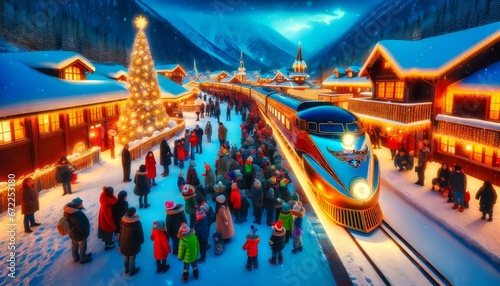 A train travels through a snow-covered Christmas town, its lights twinkling in the night. Generative AI