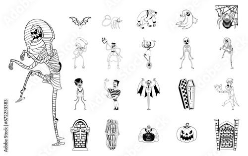 Set Characters of Hallowen Isolated Retro Cartoon Vector