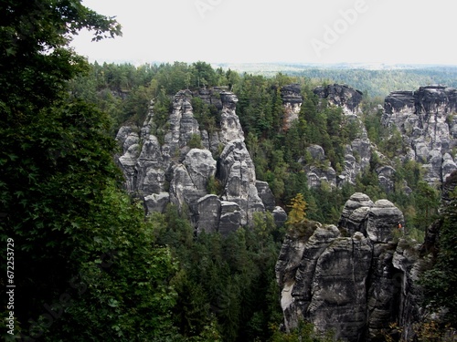 The high gray sandy mountains of Saxon Switzerland are surrounded by lush vegetation.