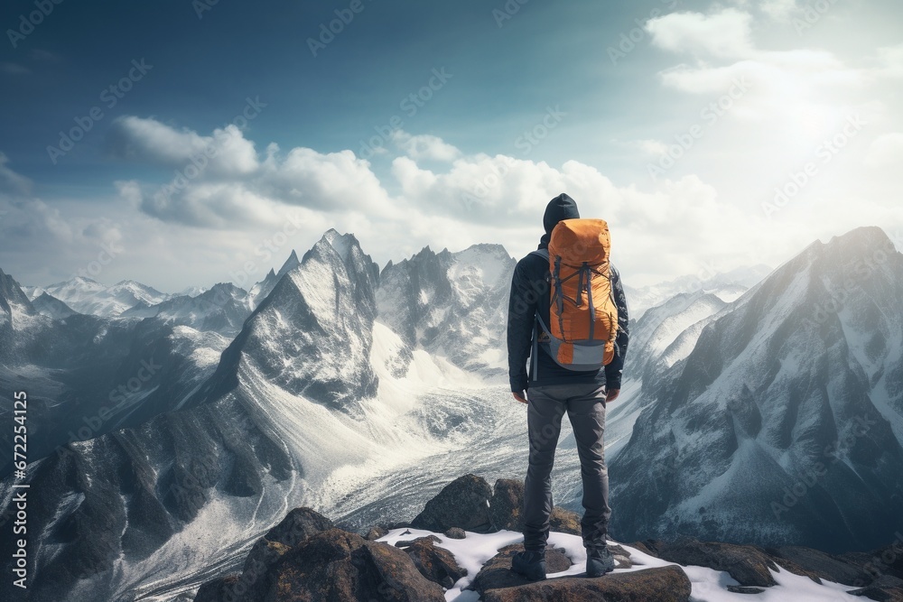 Facing the Snow-Covered Mountain Challenge: Man with Backpack