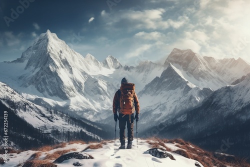 Facing the Snow-Covered Mountain Challenge: Man with Backpack