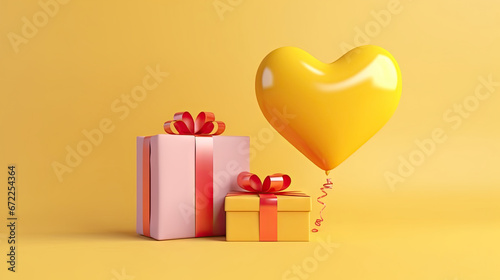  a yellow heart shaped balloon next to a gift box and a yellow heart shaped balloon.  generative ai