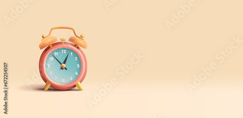 Orange classic 3d alarm clock with detailed analog clockface with numbers and arrows. Time to do business.