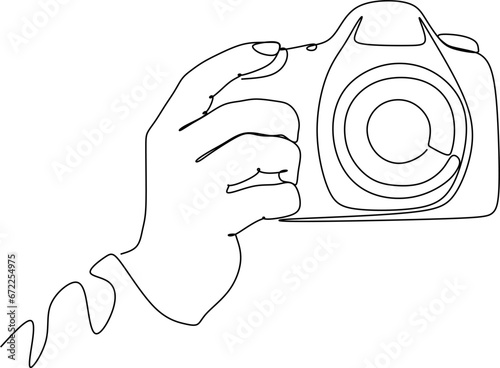 Single one line drawing photographer of paparazzi taking photo with modern digital camera with angles. Journalist or reporter making pictures. Continuous line draw design graphic vector illustration
