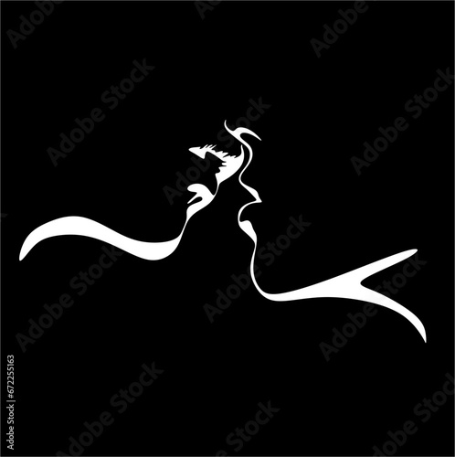 Man and woman, beauty, surreal faces, line art. Man and woman kiss. For use as a flyer template or for use in web design