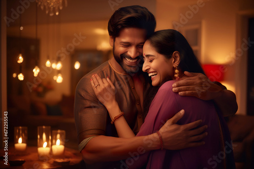 Happy loving young couple of Indian origin hugging together on the occasion of Diwali festival.