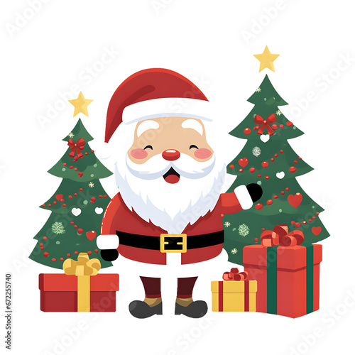 Santa Claus with gifts and cartoon decorations. on Christmas and New Year gift concept.