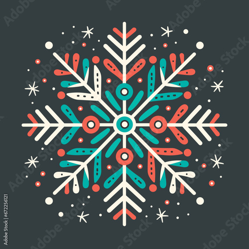 Christmas and New year snowflake in vibrant colours. Crafted snow flake drawing. Graphic elements for card design.
