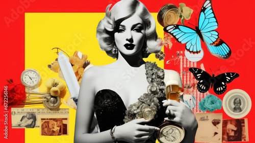 Modern pop art design picture of woman, contemporary collage image to print for decoration