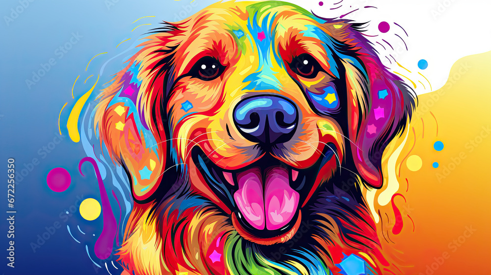  a colorful dog with a big smile on his face and his tongue out.  generative ai