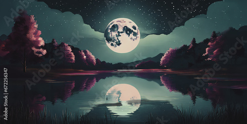 illustrazione di paesaggio notturno con grande luna piena che si riflette nelle acque calme di uno stagno photo