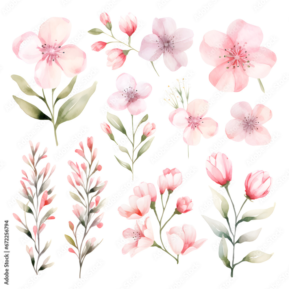 pink flowers, Watercolor floral Sakura, watercolor pink flowers on white background.