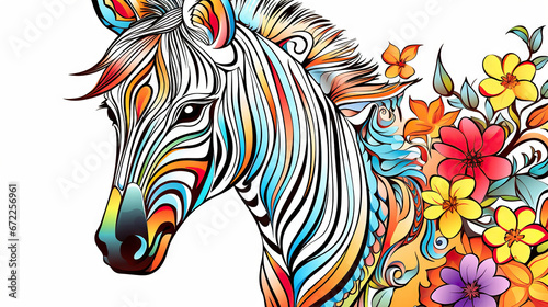  a colorful zebra with flowers on a white background with a white background.  generative ai