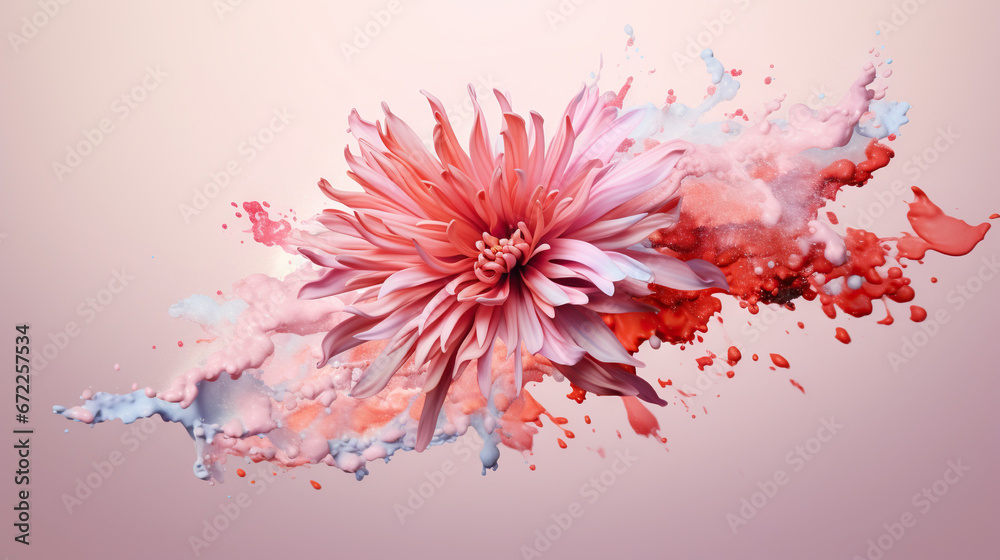  a pink flower with a lot of red and white paint splatters.  generative ai