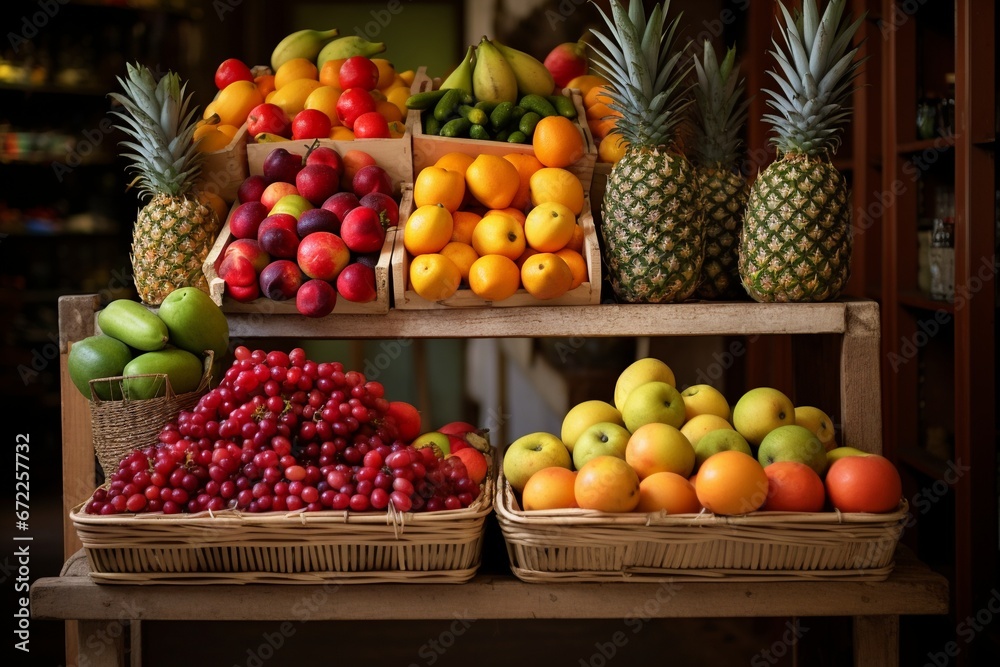 Fruit Basket and Shelf with Fresh Fruits in Market