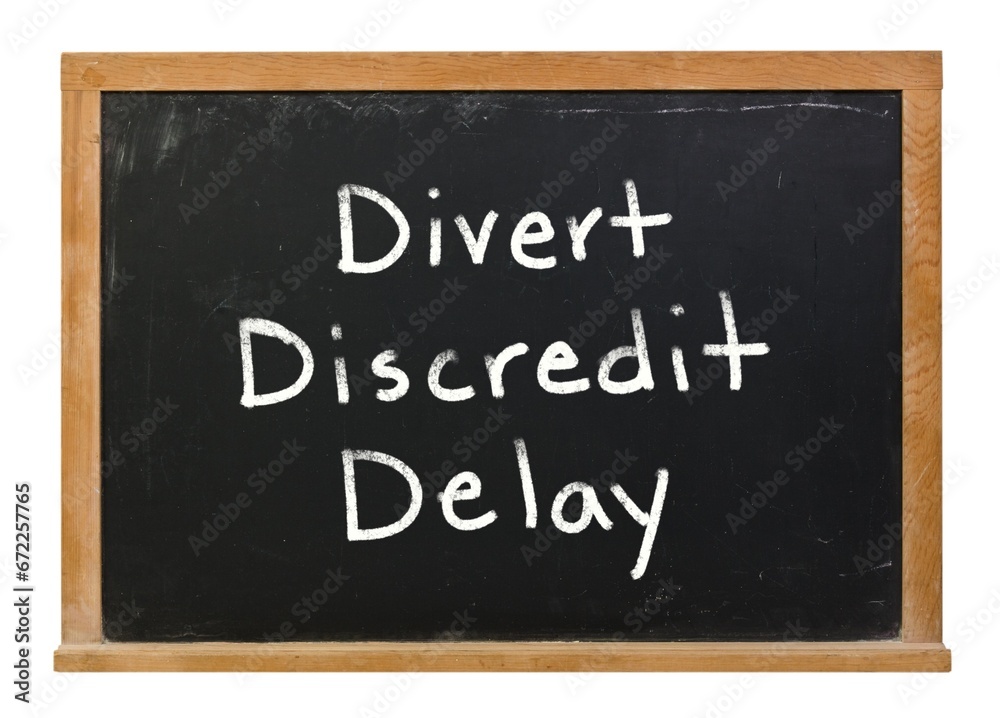 Divert discredit Delay written with white chalk on a black chalkboard isolated on white Divert discredit Delay written with white chalk on a black chalkboard isolated on white