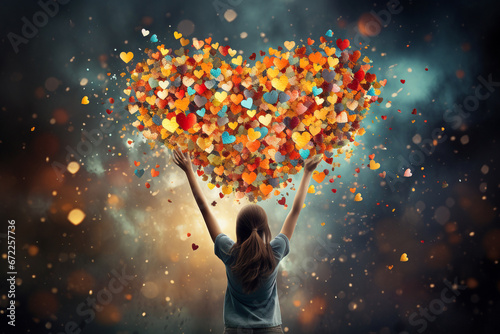 Woman holding a huge heart made by many small hearts, love and emotion concept, good hearted, hope, help and charity