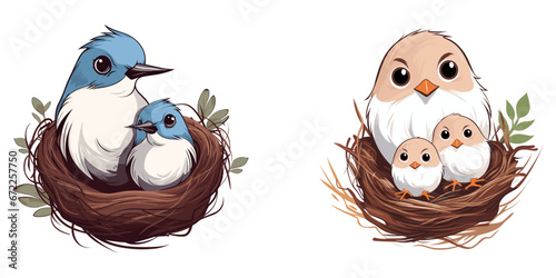 Mother bird with two cubs, birds in nest, vector illustration, Generative Ai.