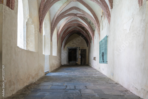 Novacella Augustinian Abbey. The Gothic cloister with from valuable frescoes  Brixen  Bressanone   South Tyrol  northern Italy  Juni 12  2023