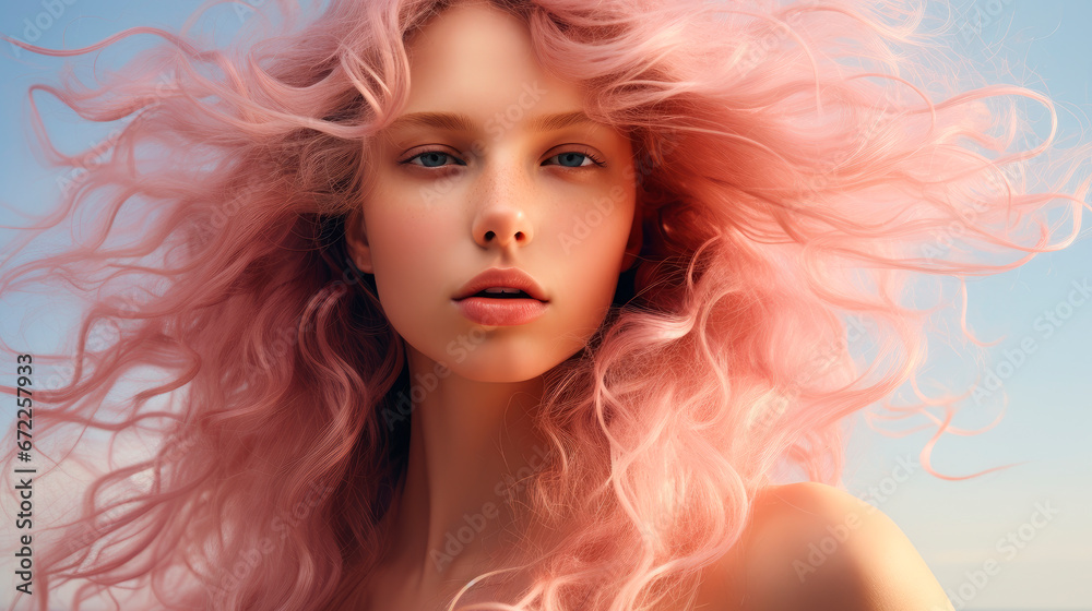 Beutiful young woman with pink color hairs. Trendy hairstyle concept.