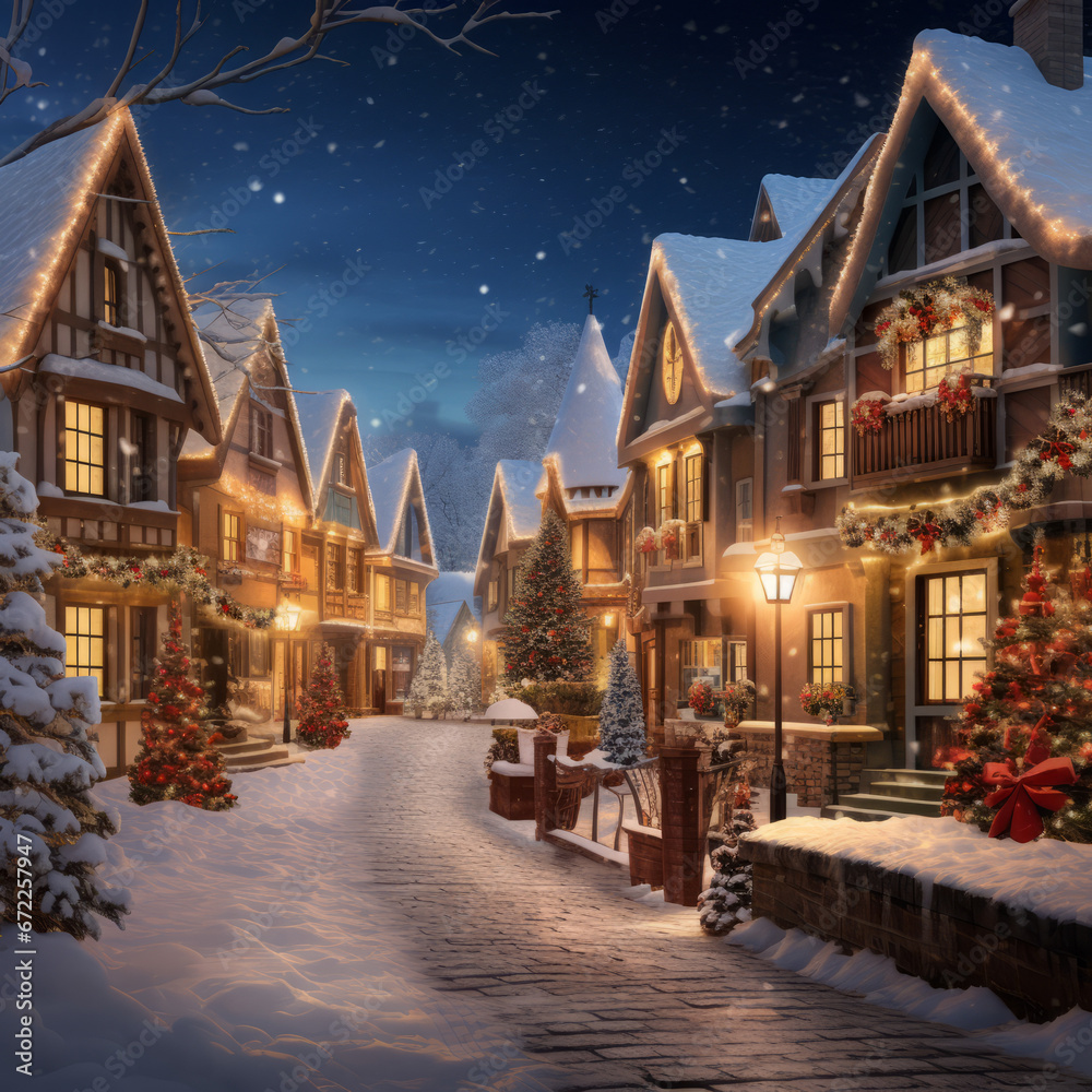 a christmas scene of a snowy street with lit up houses