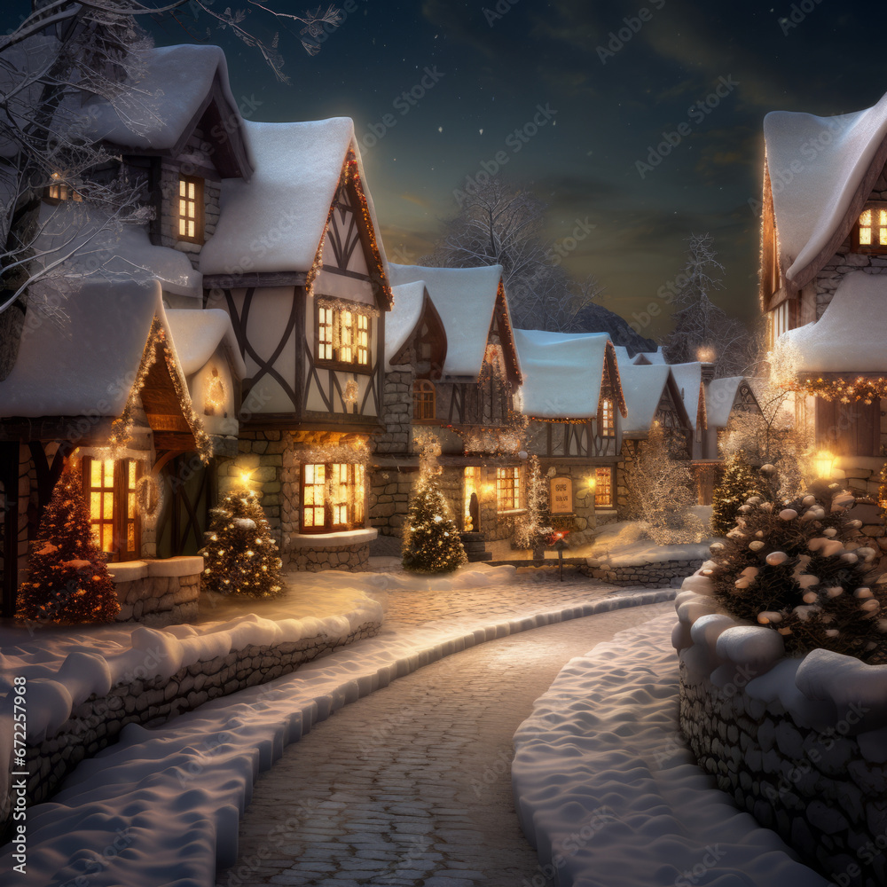 a christmas scene of a snowy street with lit up houses