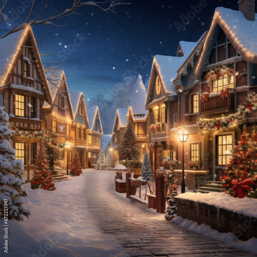 a christmas scene of a snowy street with lit up houses