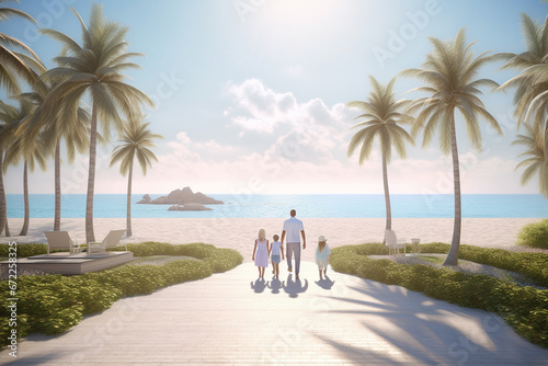 long-awaited family enjoying with holiday vacation. the family with their backs to the camera.Happy family enjoying together on beach on holiday vacation, Generative AI