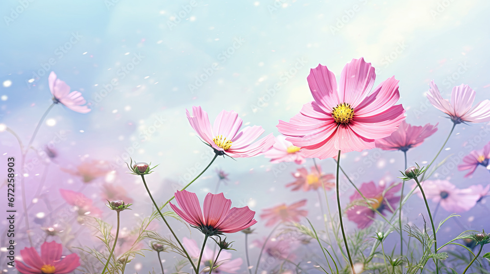  a field of pink flowers with a blue sky in the background.  generative ai