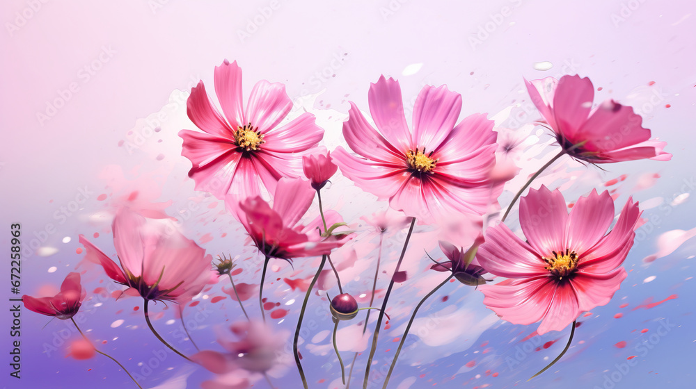  a bunch of pink flowers on a blue and pink background.  generative ai