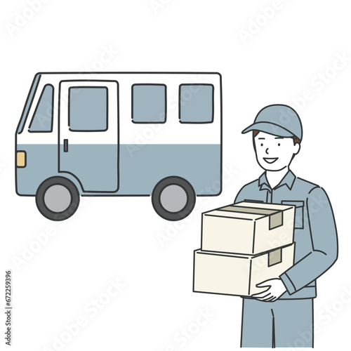 荷物を運ぶ配達業者と配送車