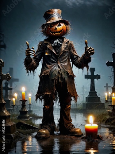 AI generated illustration of a spooky Halloween creature with a carved pumpkin head