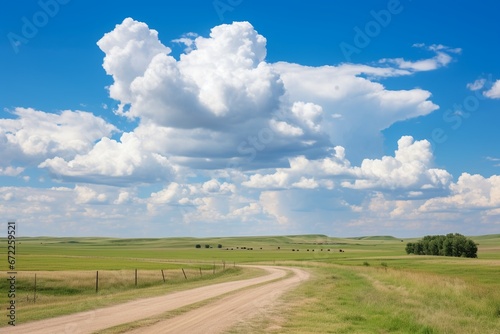 Tranquil Dirt Road and Grassy Field Under Majestic Cumulus Clouds