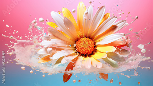  a colorful flower splashing into the water on a pink and blue background.  generative ai