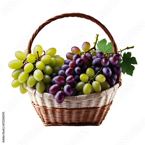 Um cesto com cachos de uvas verdes e roxas suculentas, isolado sem fundo, fundo transparente PNG.
