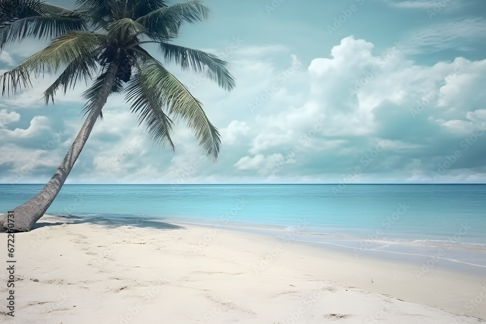 Obraz premium tropical beach view at cloudy day with white sand, turquoise water and palm tree. Neural network generated image. Not based on any actual scene or pattern.