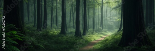 Path in the forest banner. Misty forest background banner. Trees in the forest.