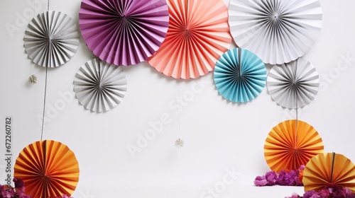 Colored paper decorations in the form of a round fan for a children s holiday party or wedding photo shoot on a white isolated background